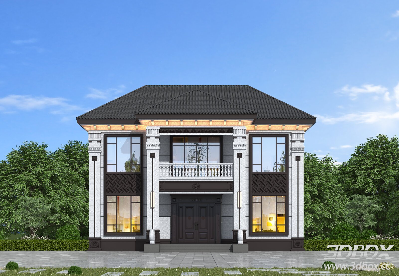 New Chinese Style Two Story Villa Exterior 3D model - thumbnail 1