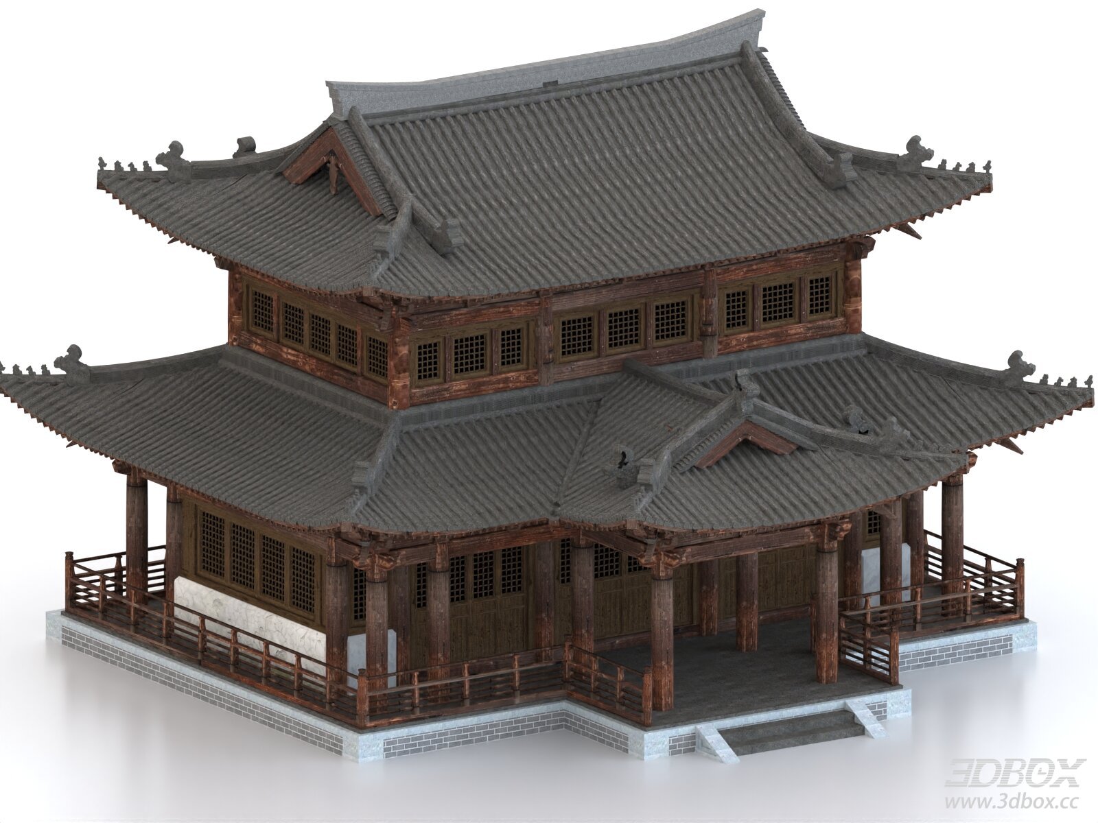 Traditional Chinese Song Dynasty Ancient Wooden Pavilion Building 3D model - front view