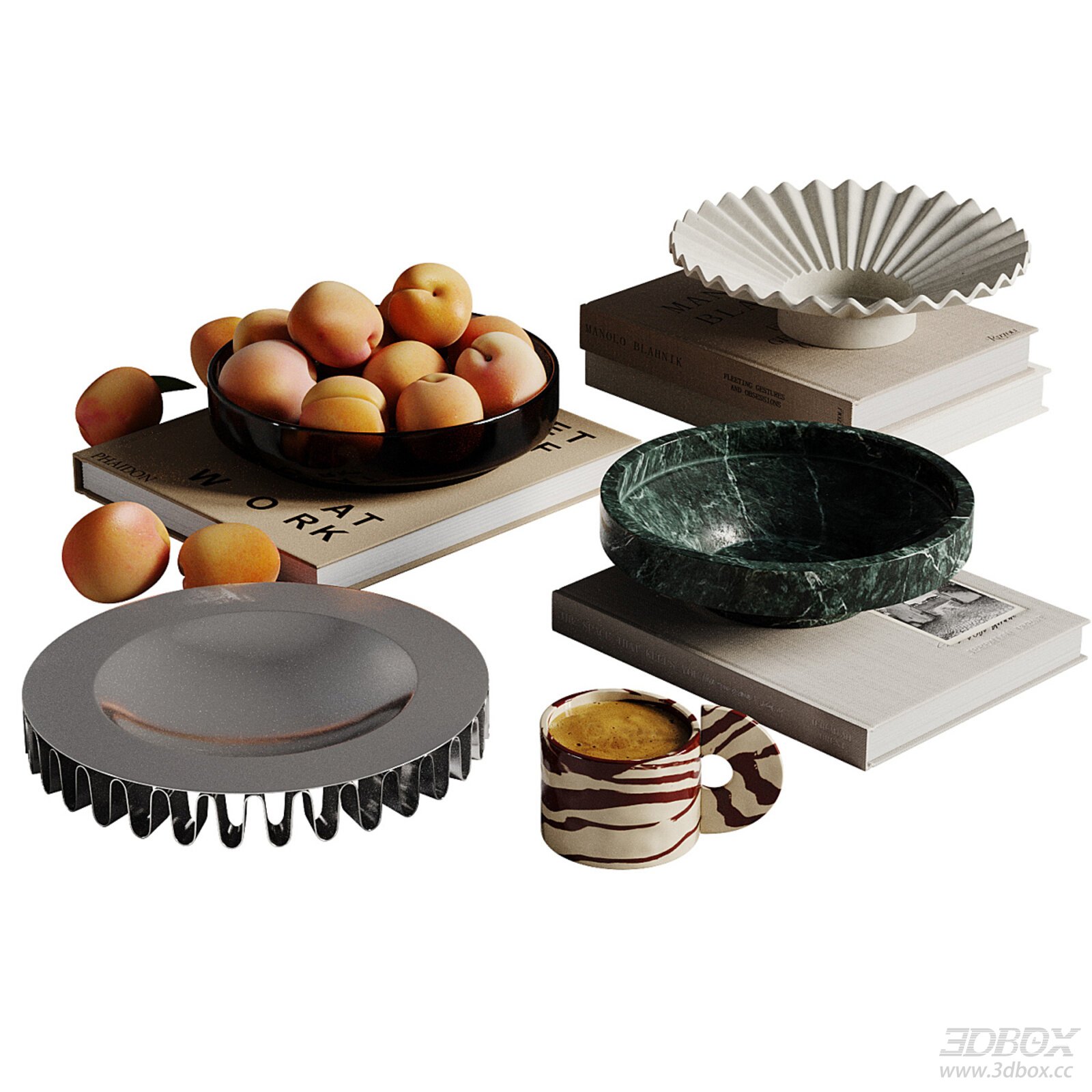 Modern Kitchen Table Decorative Set with Bowls Books and Coffee Cup 3D model - front view