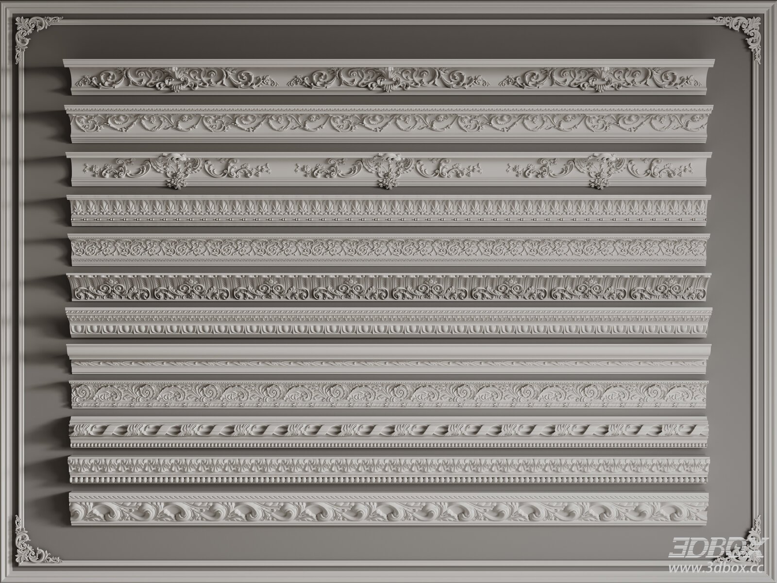 French Style Ornate Decorative Plaster Cornice Molding Set 3D model - front view