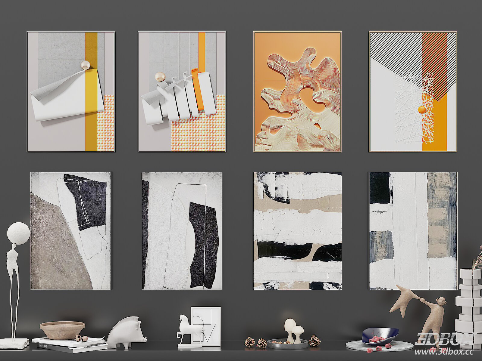 Modern Abstract Decorative Wall Art Frames Set 3D model - front view