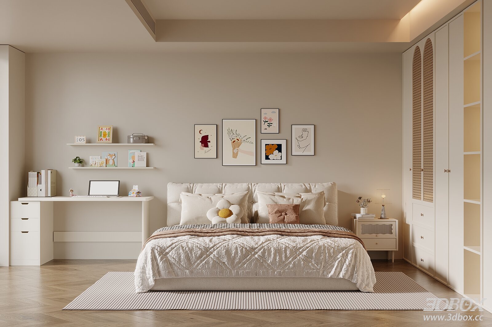 Modern Cream Style Bedroom Interior Scene 3D model - front view