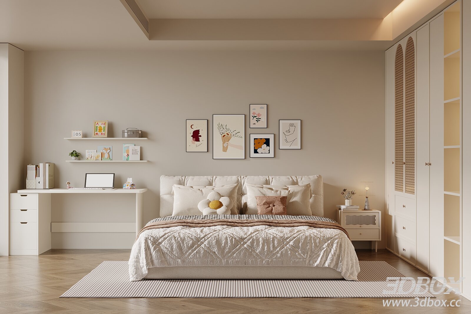 Modern Cream Style Bedroom Interior Scene 3D model - thumbnail 1