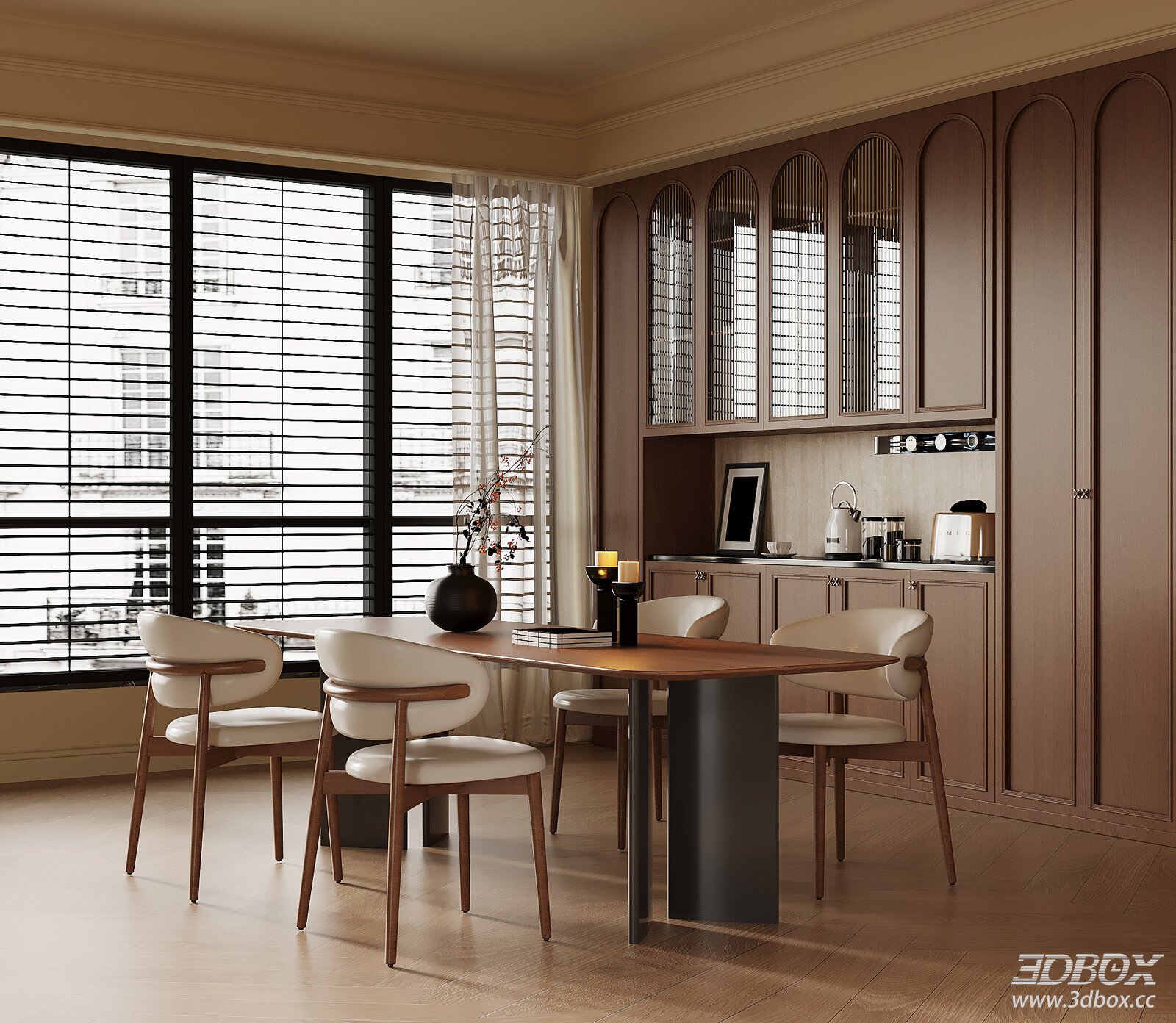 French Mid-Century Retro Dining Room with Table Chairs Sideboard 3D model - front view