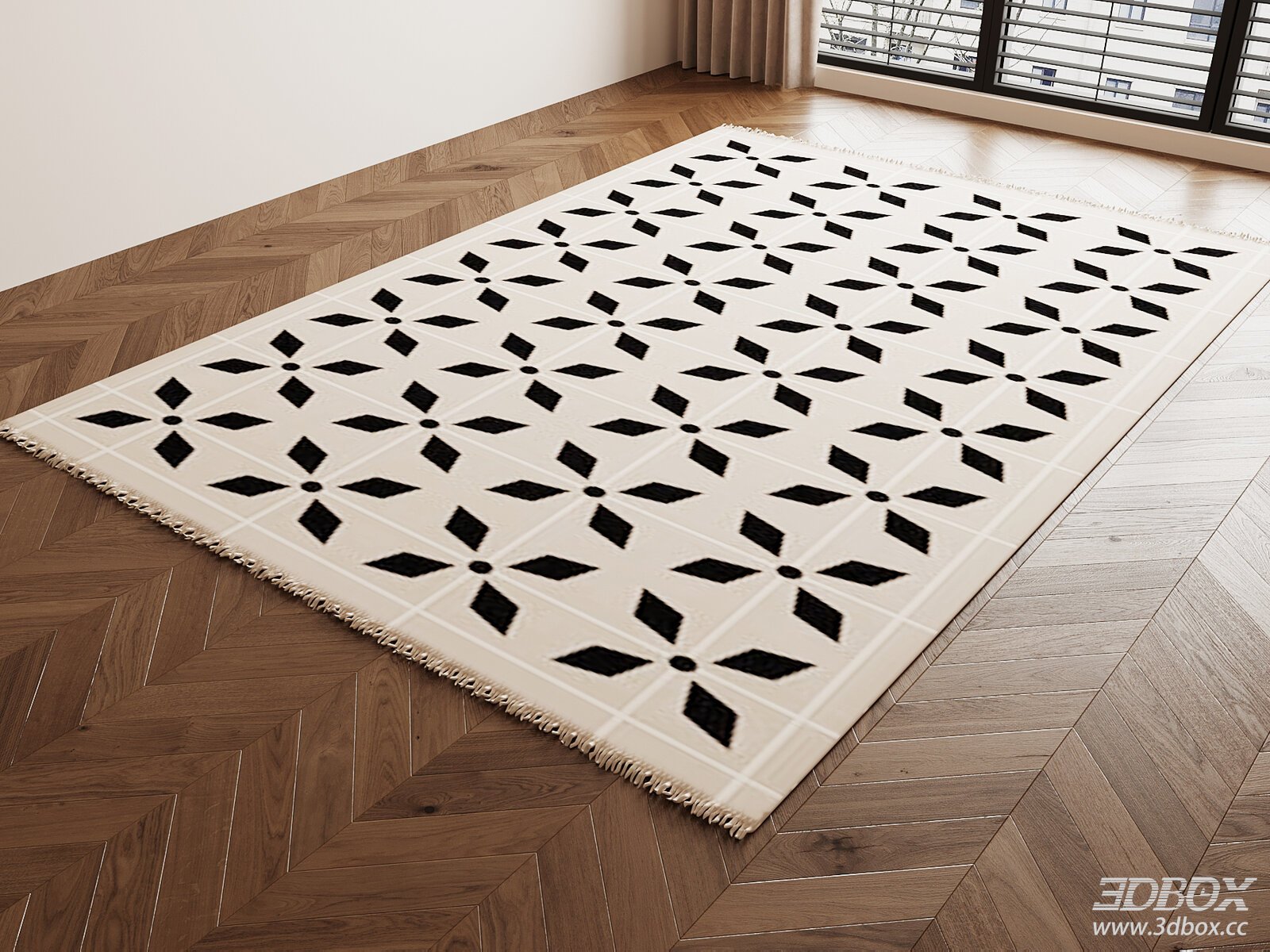 French Retro Geometric Pattern Black White Fringed Carpet 3D model - front view
