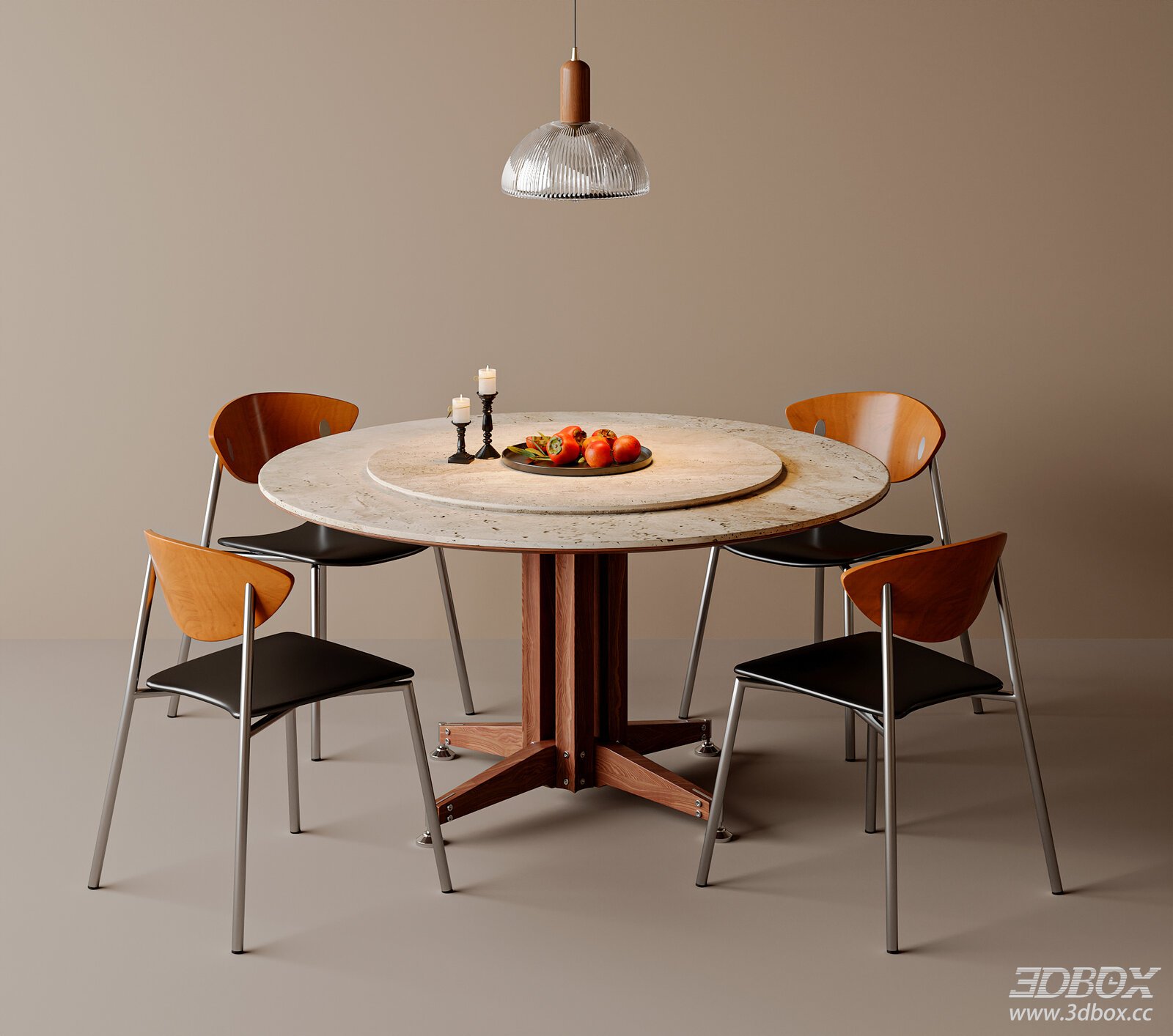 Mid Century Modern Round Dining Table and Chairs Set 3D model - front view