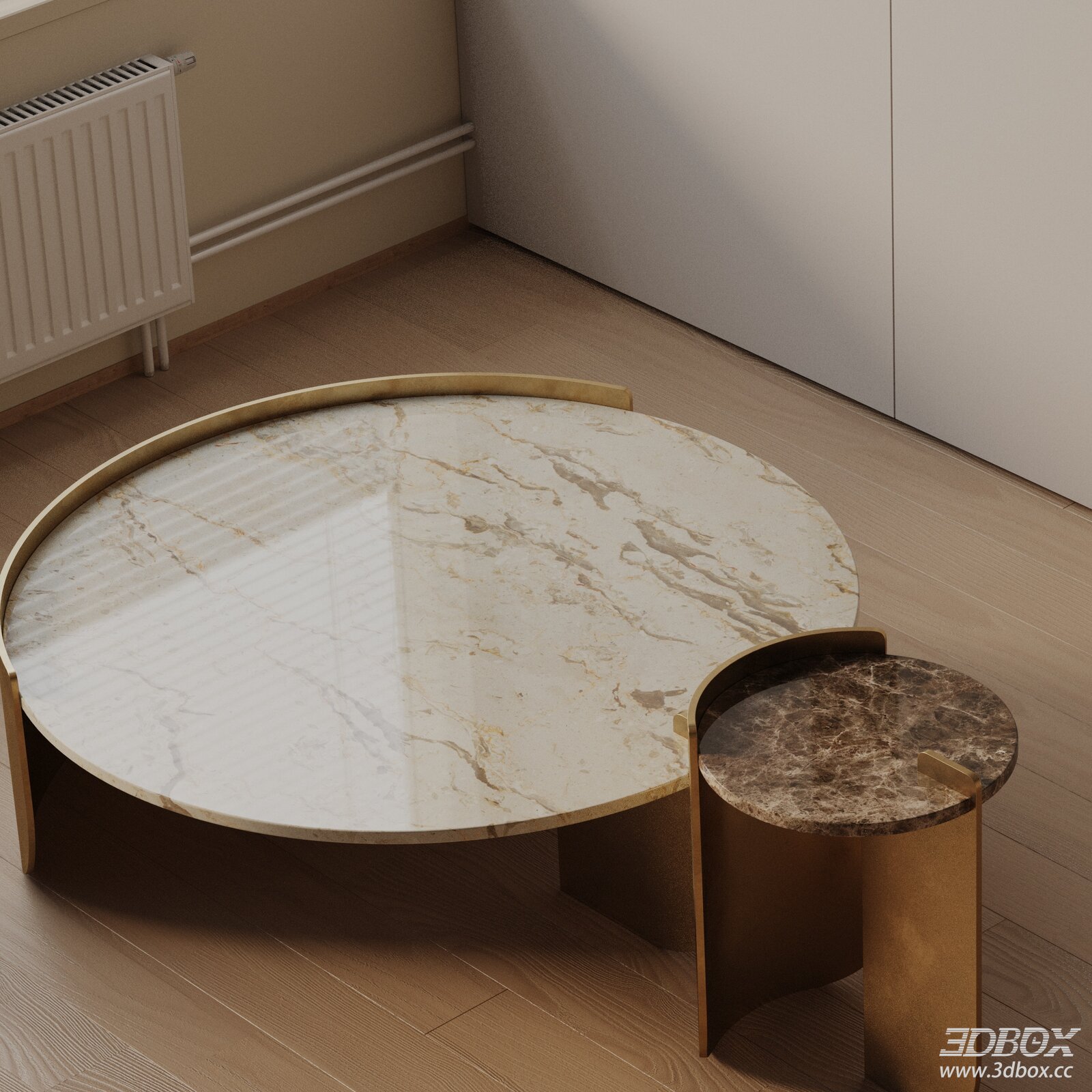 Modern Round Marble Coffee Table Set with Brass Frame 3D model - front view