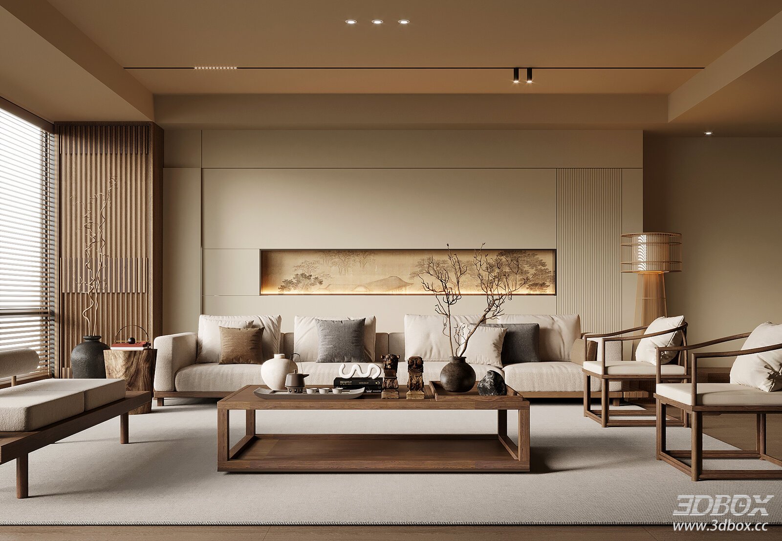 Modern Chinese Style Living Room Sofa Coffee Table Set 3D model - front view