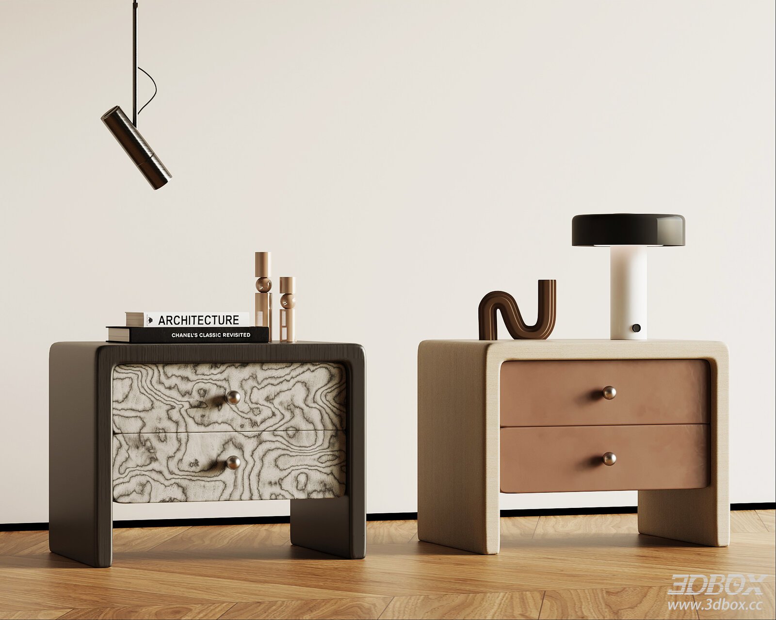 Modern Italian Style Bedside Side Table Set 3D model - front view