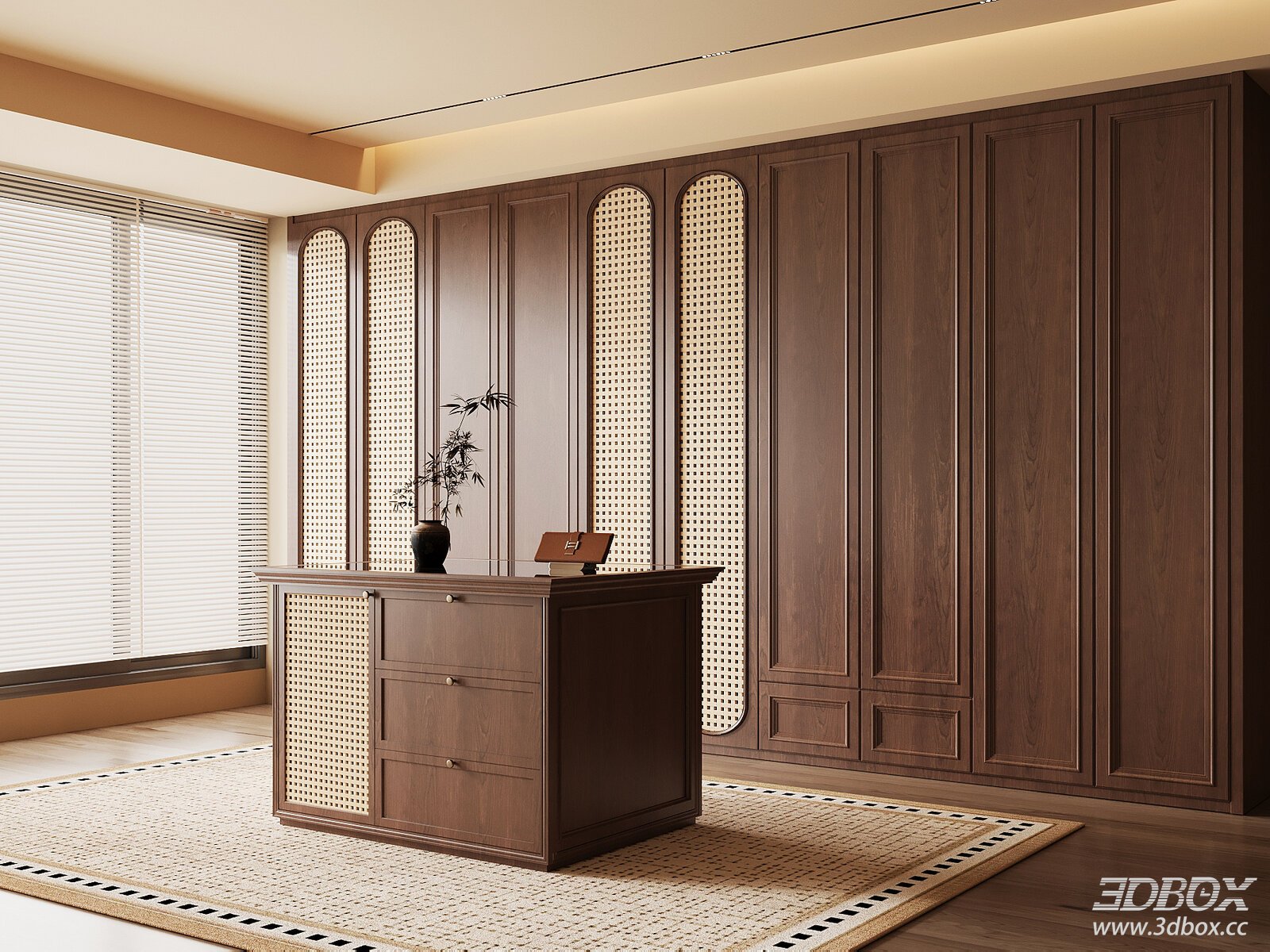 Vintage Style Dressing Room with Full Height Walnut Wardrobe 3D model - front view