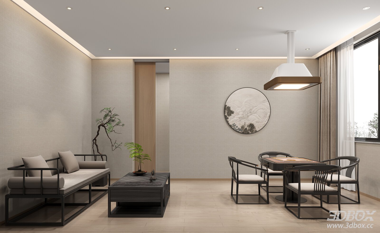New Chinese Style Mahjong Game Room Interior Scene 3D model - front view