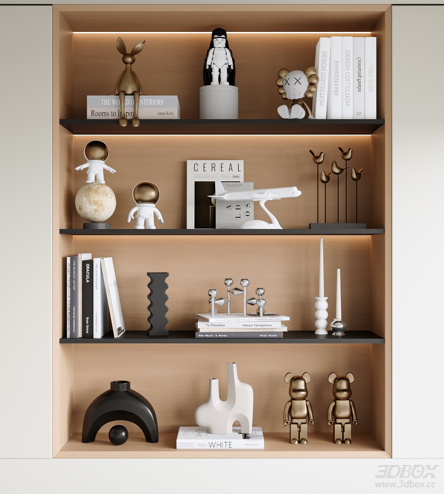 Modern Shelf Decorative Set with Books and Art Figurines 3D model - front view