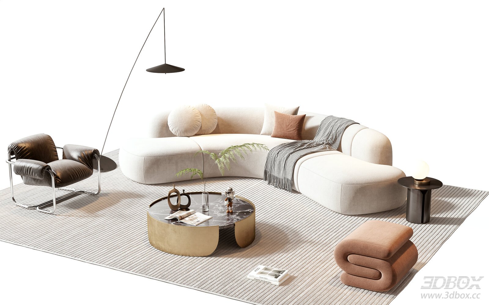 Modern Curved Sofa Set with Coffee Table and Armchair 3D model - front view