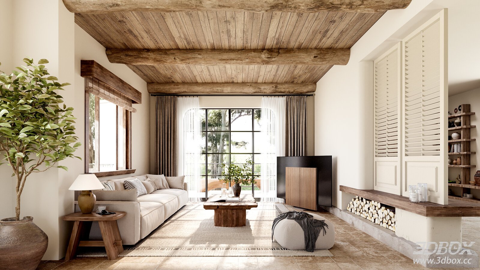 Tuscan Style Rustic Living Room Interior Scene 3D model - front view