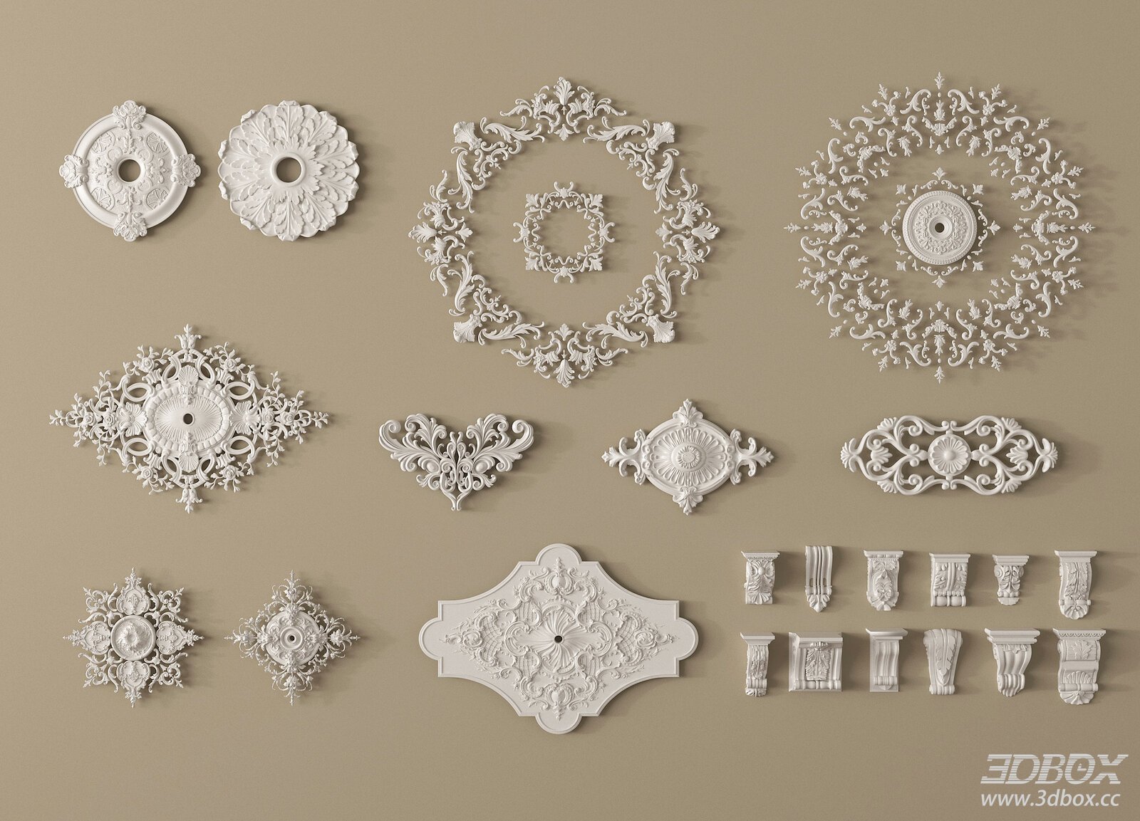 French Style Decorative Plaster Ornament Set 3D model - front view
