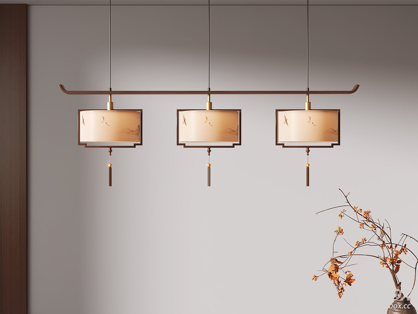 New Chinese Style Linear Pendant Ceiling Lamp 3D model - front view