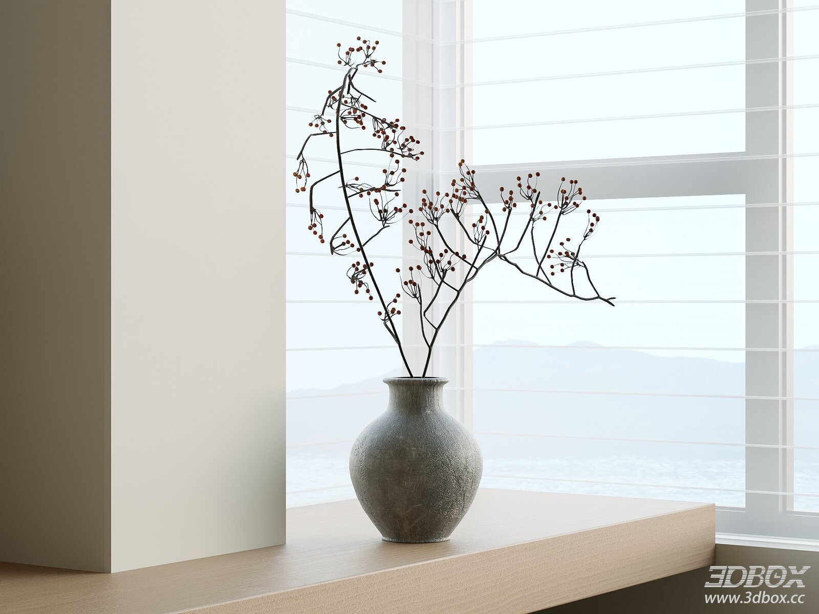 Wabi Sabi Ceramic Vase with Dried Branches Decor 3D model - front view