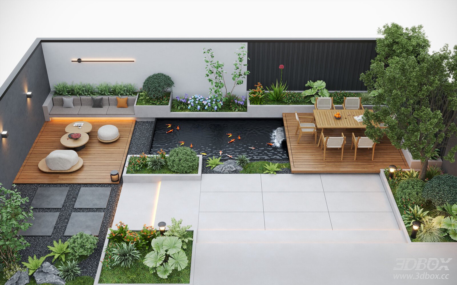 Modern Courtyard Garden Landscape with Koi Pond and Outdoor Furniture 3D model - front view