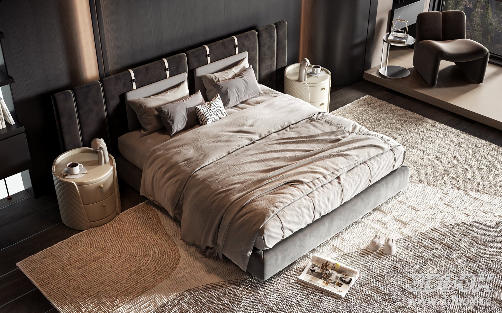Modern Luxury Double Bedroom Interior Scene 3D model - thumbnail 1