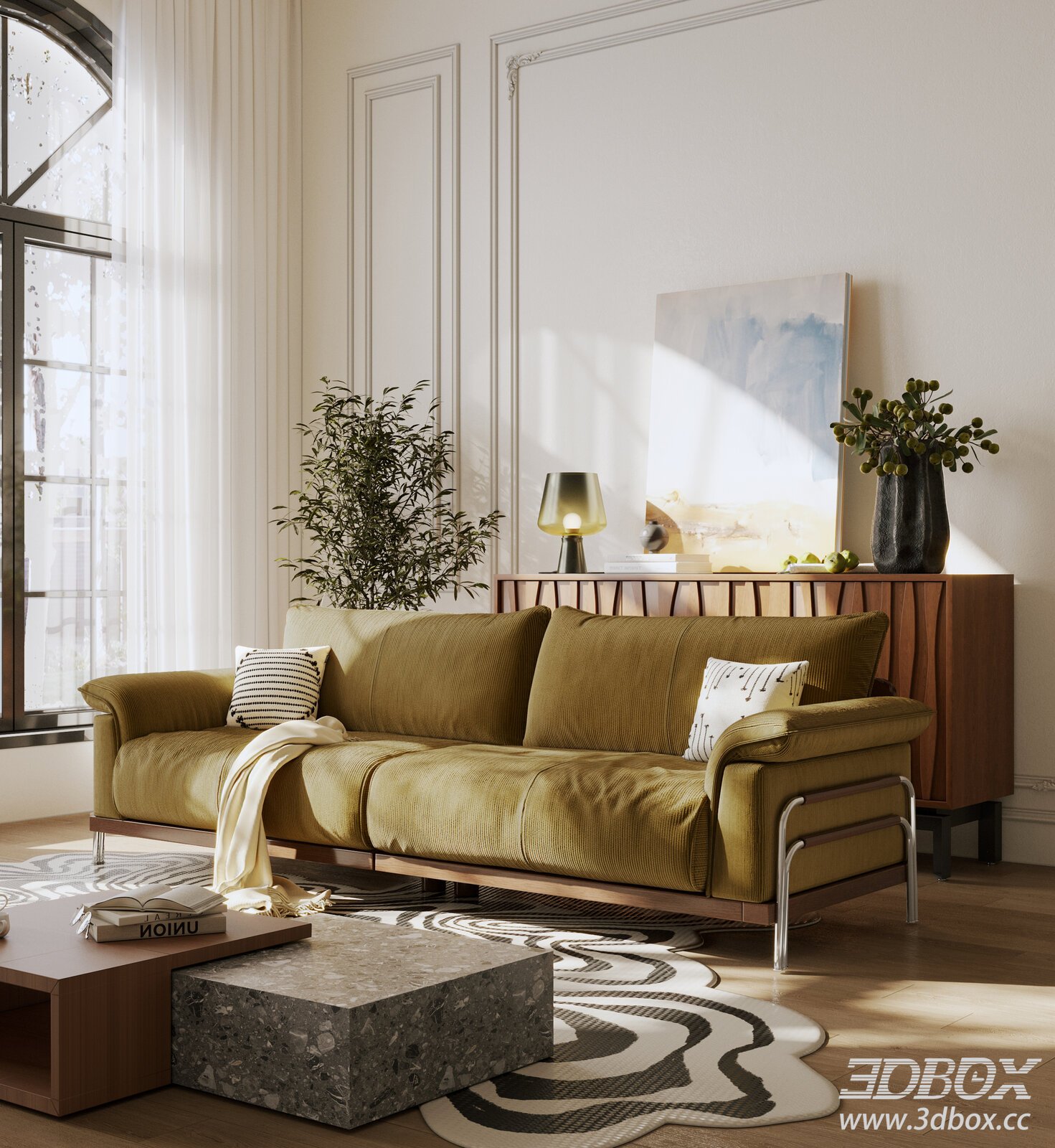 Mid-Century Modern Fabric Straight Sofa Set 3D model - thumbnail 1