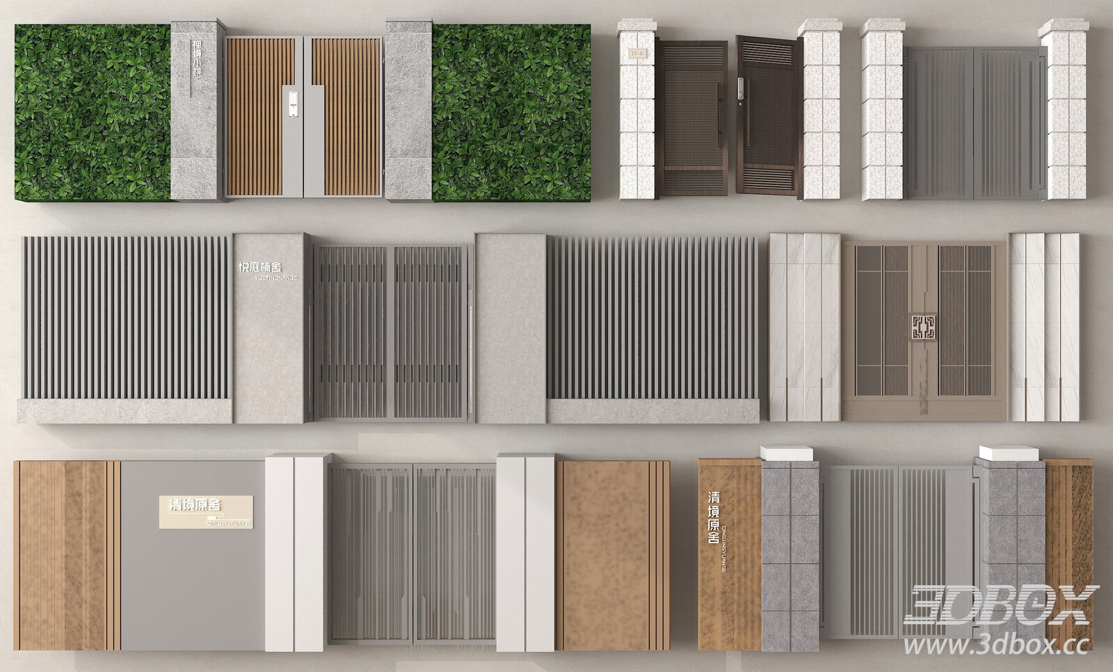 Modern Villa Entrance Gate and Fence Set 3D model - thumbnail 1