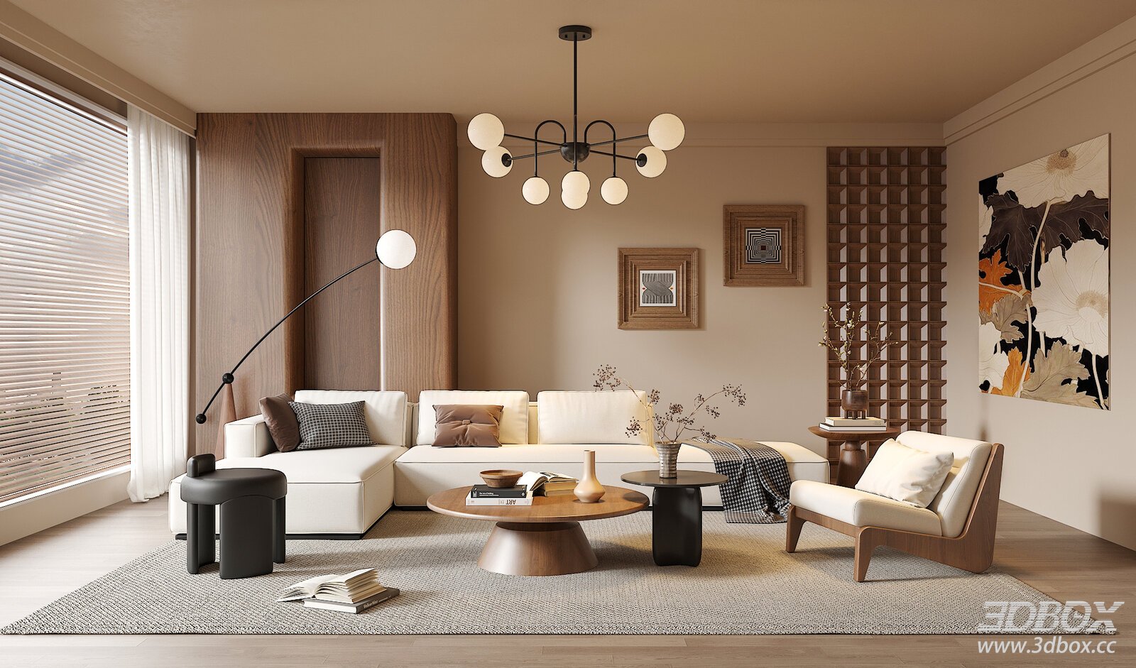 Wabi-sabi style living room with sofa coffee table decor set 3D model - front view