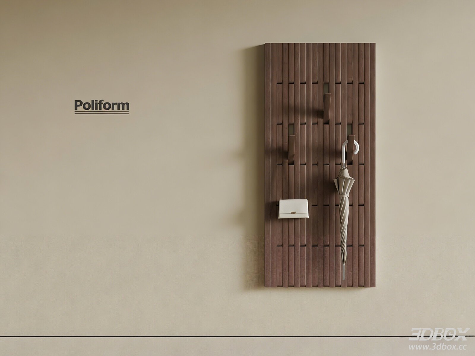 Mid Century Modern Walnut Wooden Wall Mounted Coat Rack 3D model - front view