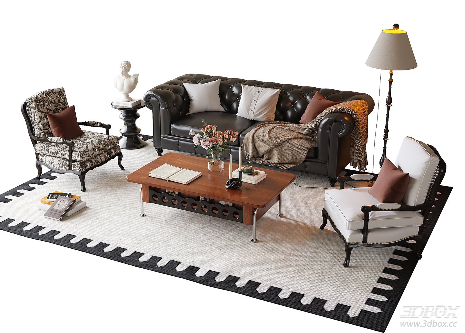 French Style Leather Sofa Set with Coffee Table and Armchairs 3D model - front view