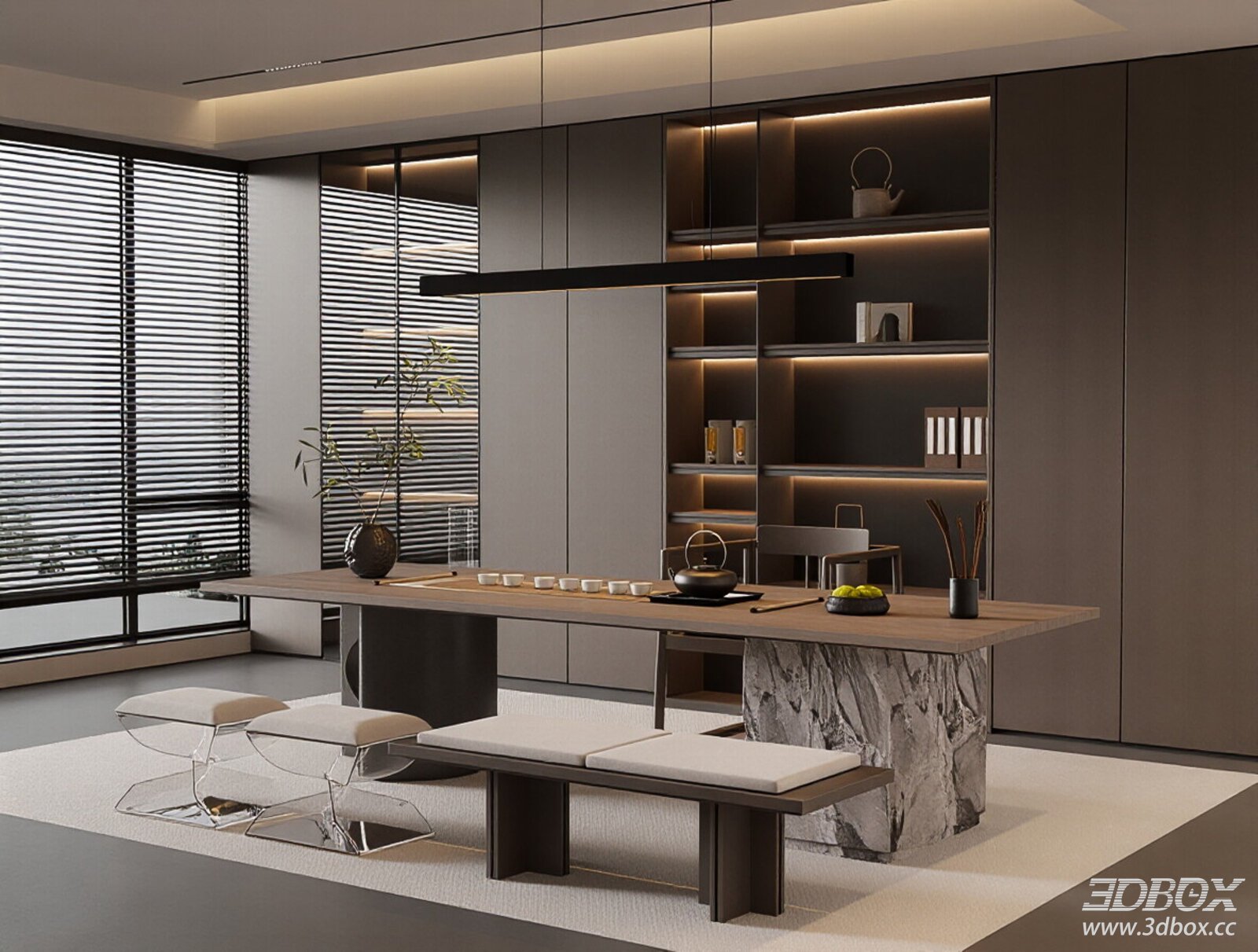 Modern Italian Style Tea Room with Tea Table and Cabinet 3D model - front view