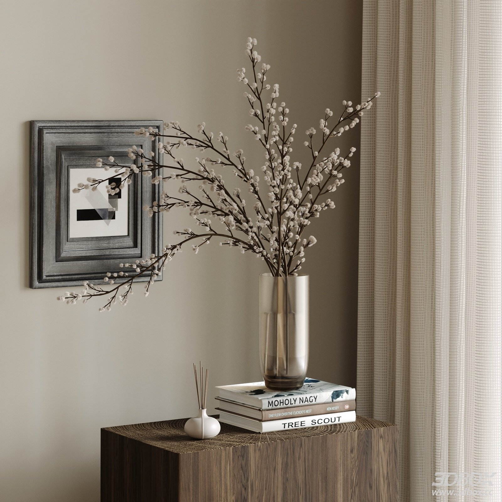 Wabi Sabi Decor Set with Glass Vase Dried Flowers and Wall Art 3D model - front view