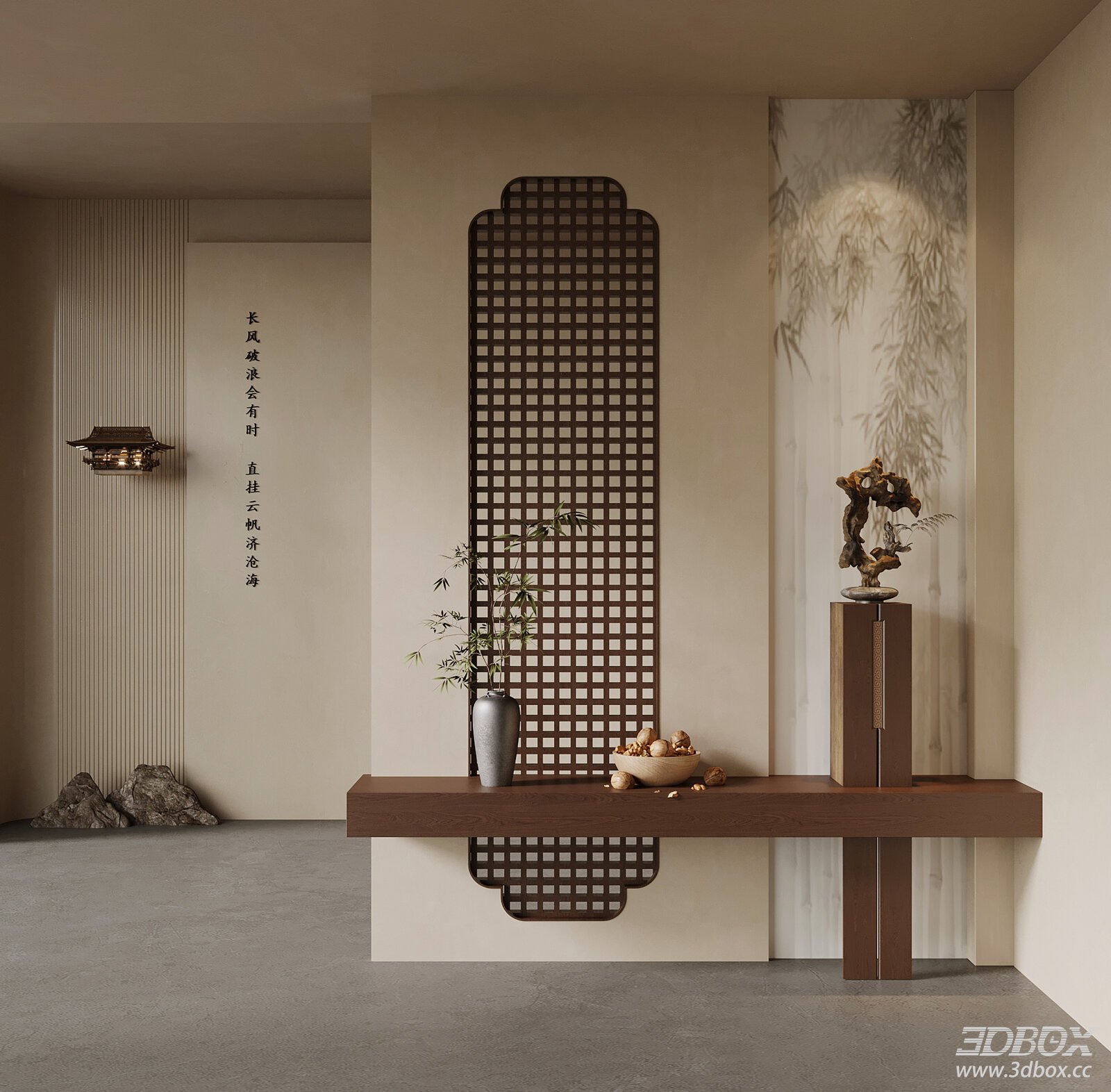 New Chinese Style Mid-century Modern Entryway Hallway Scene 3D model - front view