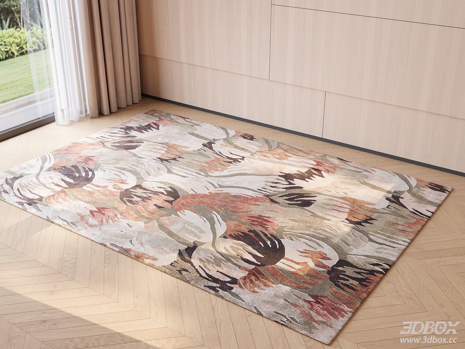 Abstract Floral Pattern Wool Carpet 3D model - front view