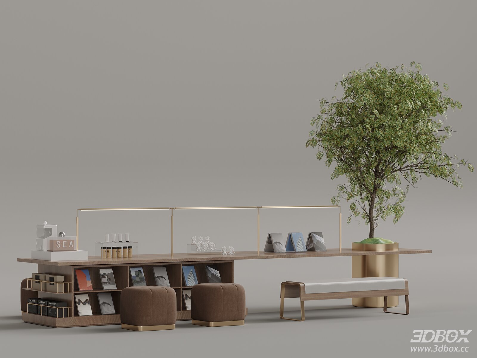 Modern Luxury Desk Chair Set with Display Cabinet and Decor 3D model - front view