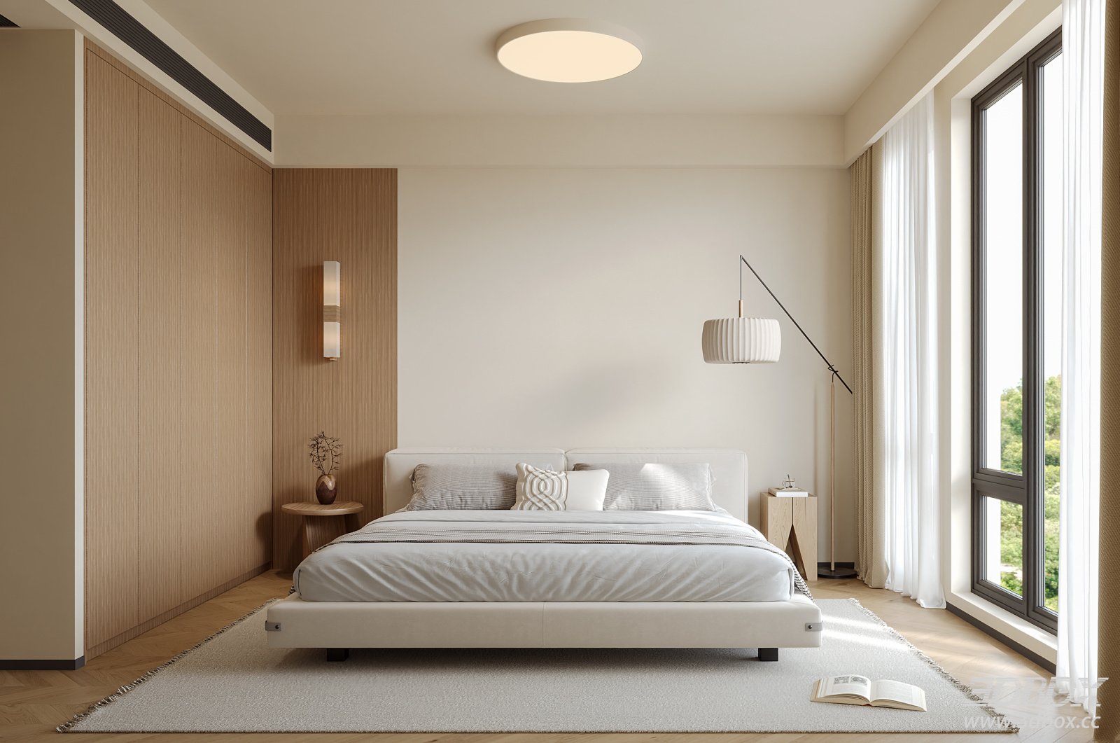 Modern Wabi Sabi Wooden Style Bedroom Interior 3D model - front view