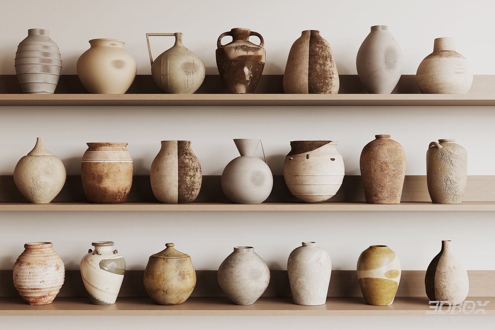 Rustic Ceramic Pottery Vase Set Wabi Sabi Style 3D model - front view