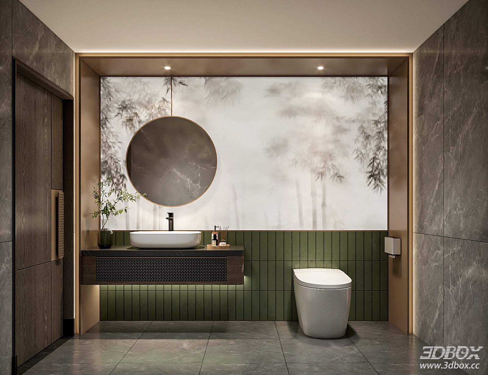 Modern Luxury Bathroom Scene with Wash Basin and Smart Toilet 3D model - front view