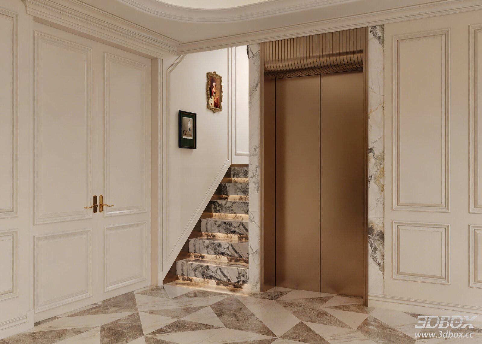 French American Luxury Hallway Elevator Staircase Scene 3D model - front view