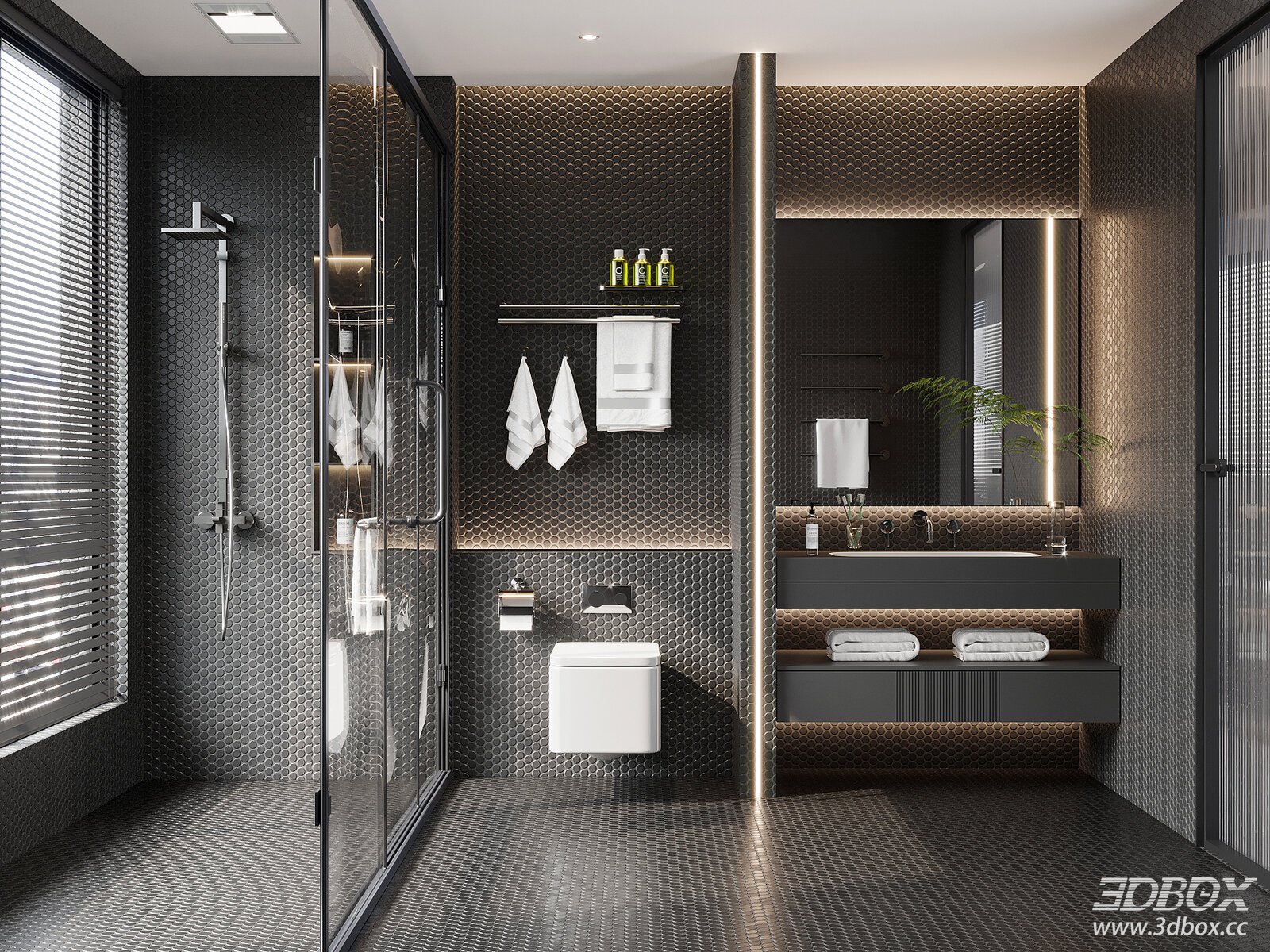 Modern Minimalist Black Bathroom Scene 3D model - front view