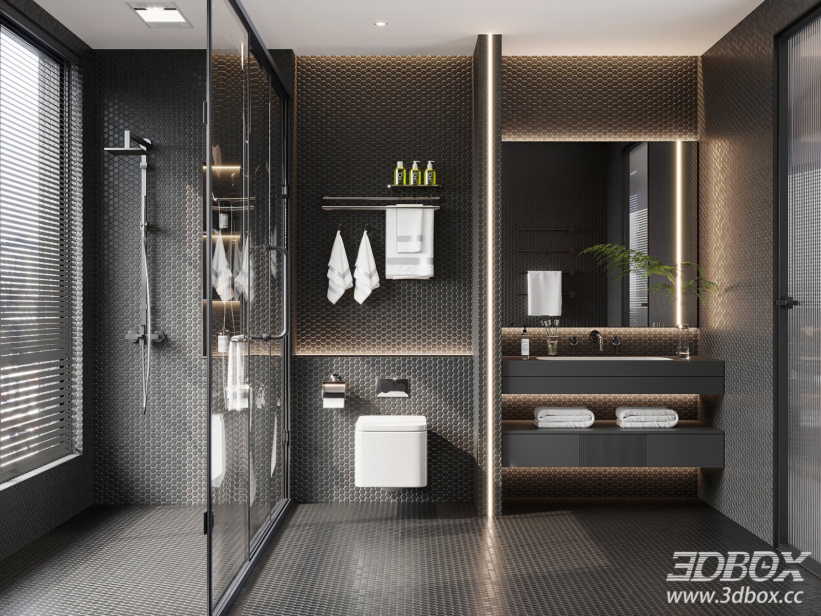 Modern Minimalist Black Bathroom Scene 3D model - thumbnail 1