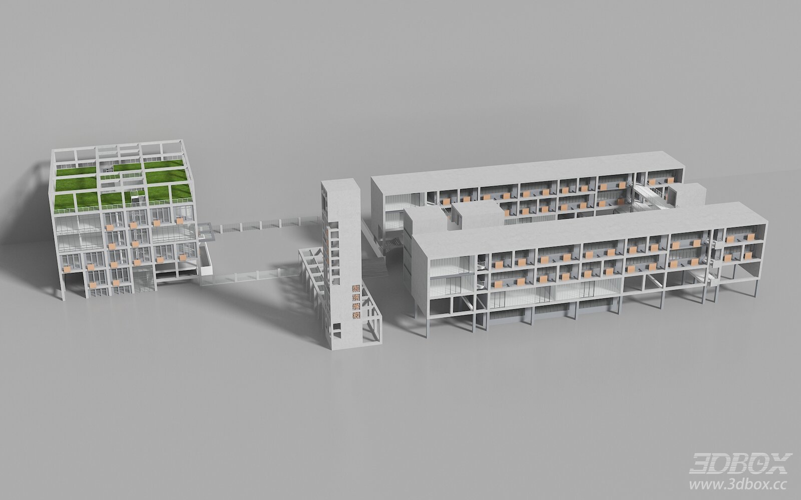 Modern School Campus Building Dormitory Gymnasium Architecture 3D model - front view