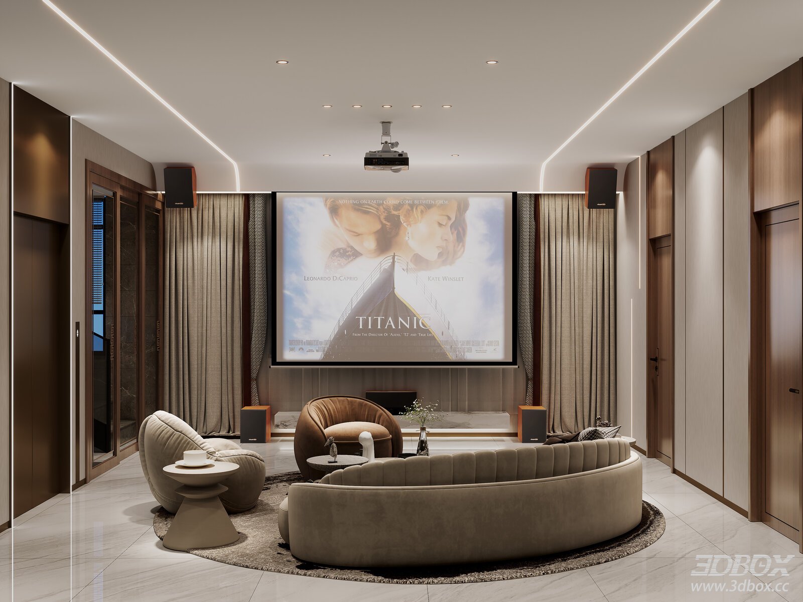 Modern Minimalist New Chinese Home Theater Interior 3D model - front view