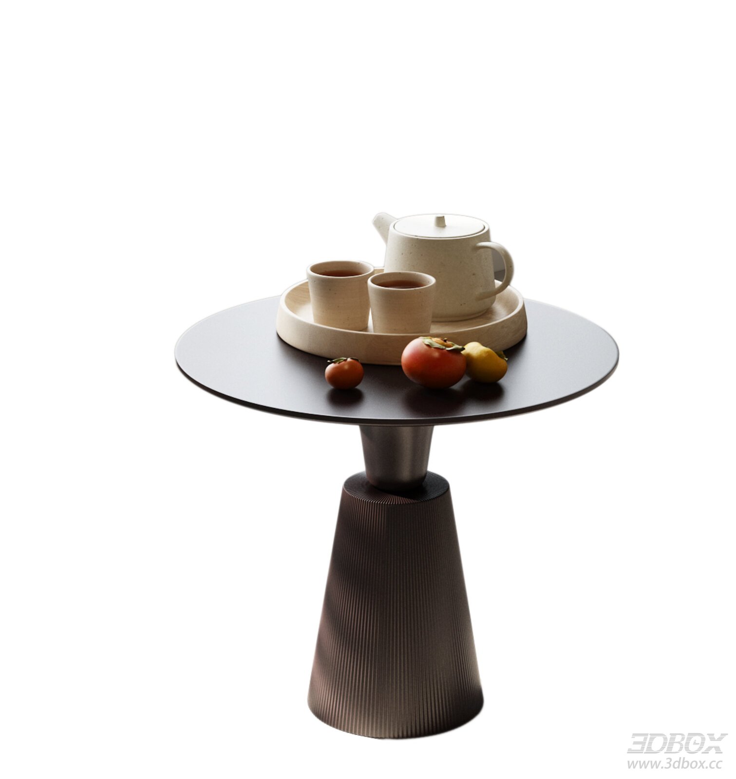 Mid Century Modern Vintage Side Table with Tea Set and Fruits 3D model - front view