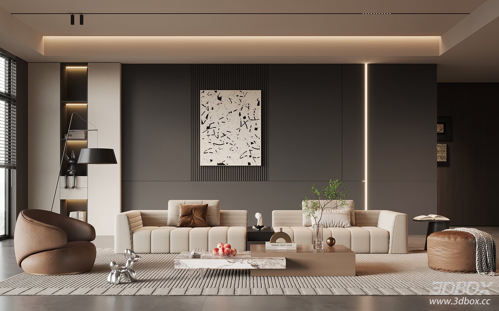 Modern Italian Style Living Room Sofa and Coffee Table Set 3D model - front view