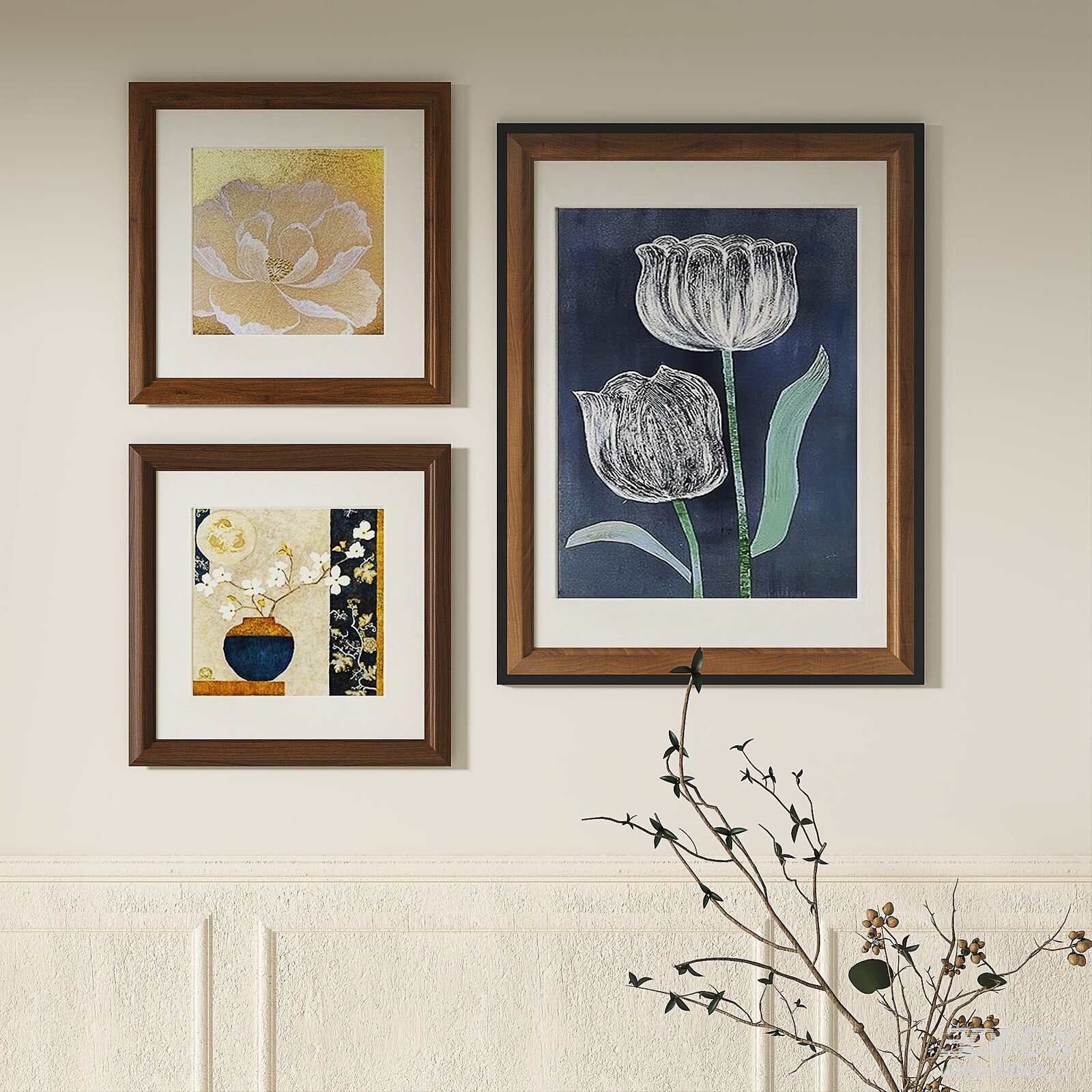 Vintage Floral Wooden Wall Art Frame Set 3D model - front view