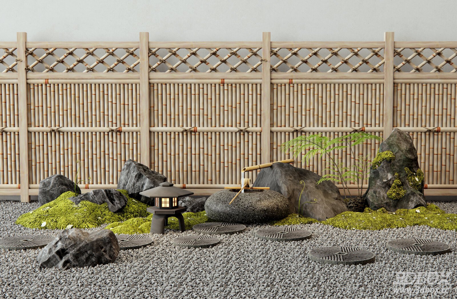 Japanese Zen Garden Landscape Decor Set 3D model - front view
