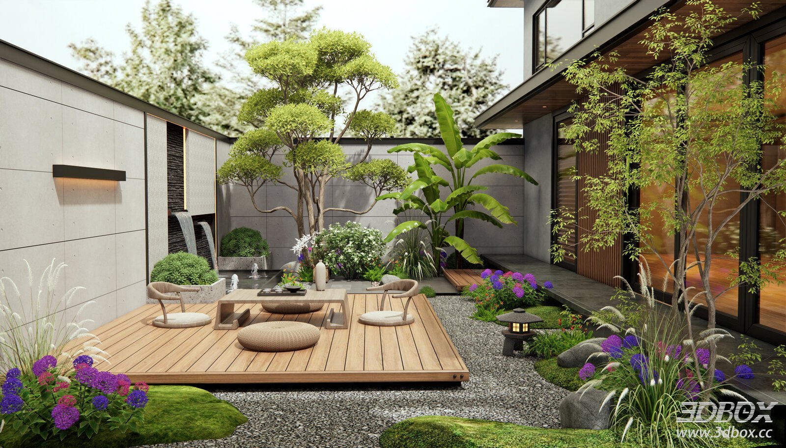 Modern Villa Courtyard Zen Garden Landscape with Water Feature 3D model - front view