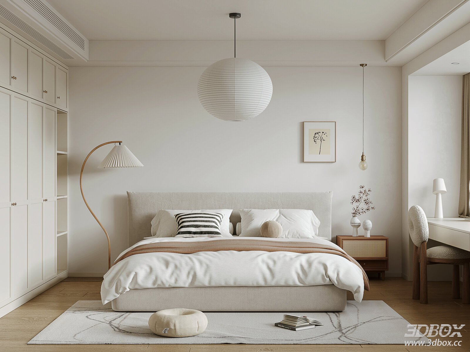 Modern Minimalist Soft Neutral Bedroom Interior Scene 3D model - front view