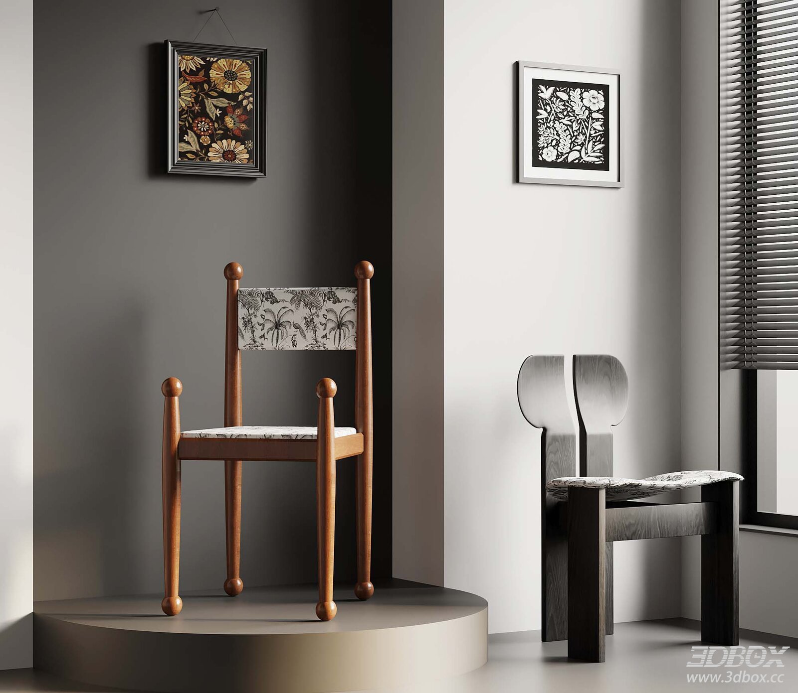 French Mid-century Vintage Wooden Dining Chair Set 3D model - front view