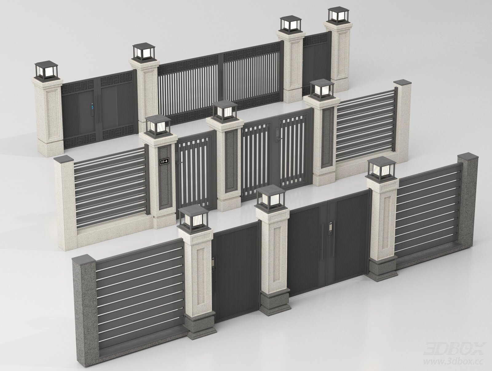 Modern Villa Gate Fence Set with Stone Pillars and Outdoor Lamps 3D model - front view