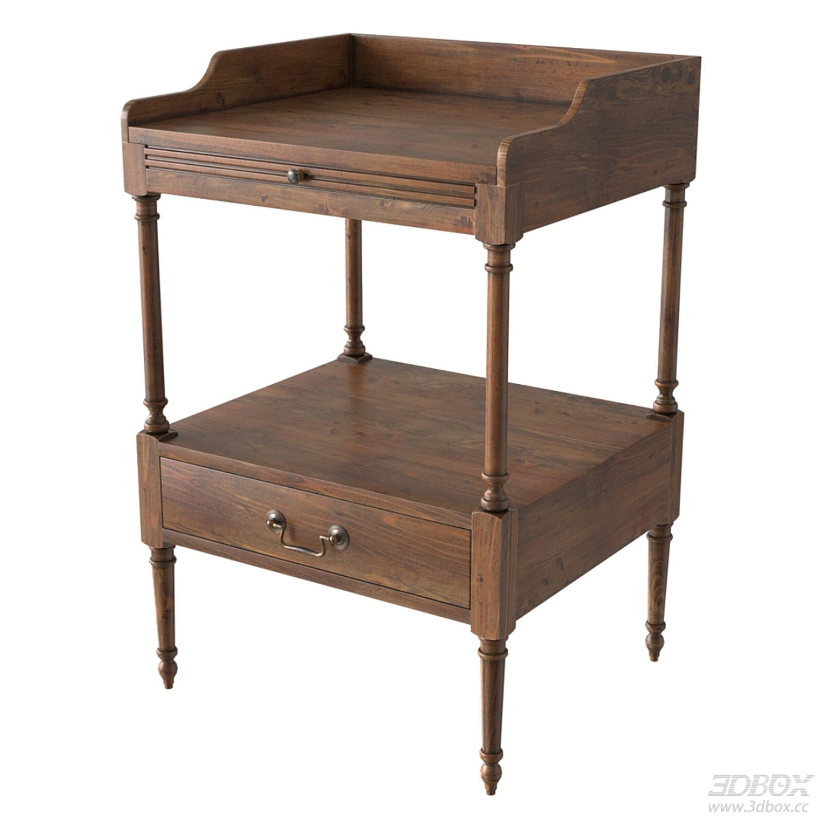 Vintage Solid Wood Side Table with Drawers and Storage Shelf 3D model - front view